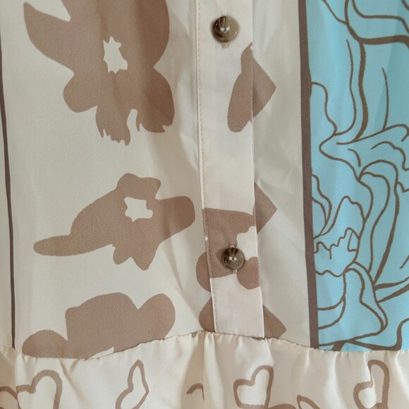 Tiered Knee-length Dress Size S Tan Blue Cream Ruffle Hem - Picture 5 of 5